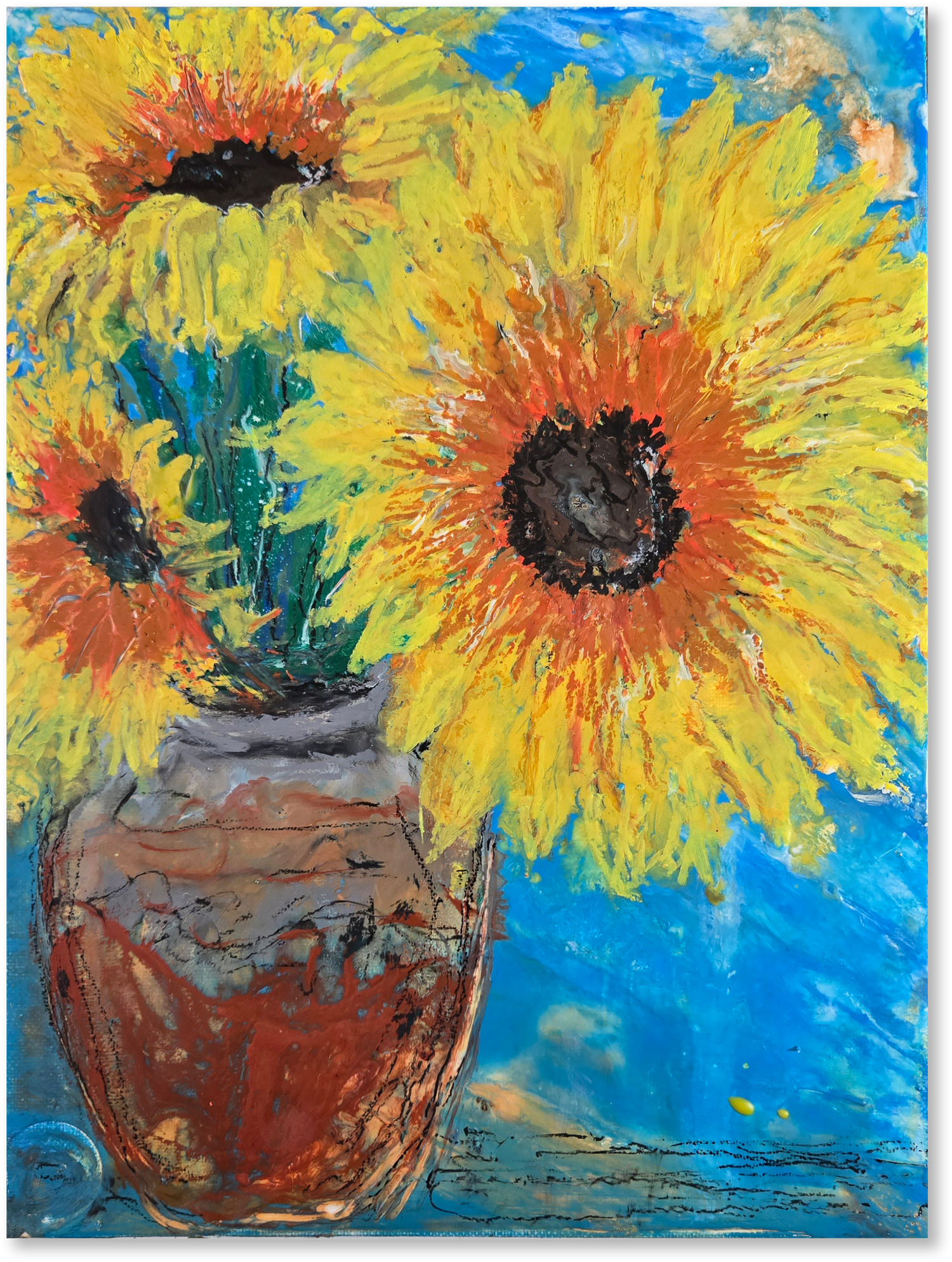 Bold, sunlit blooms burst from a rustic vessel, their golden petals alive with movement against a vivid blue backdrop. Energetic, joyful, and full of warmth.