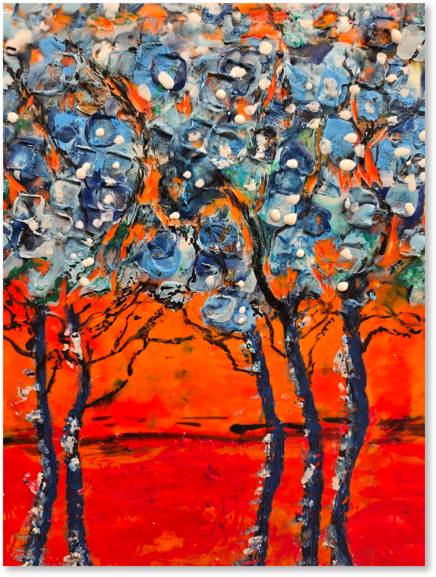 Bold blue canopies rise above a glowing orange landscape, creating a vivid, dreamlike forest alive with color and contrast.