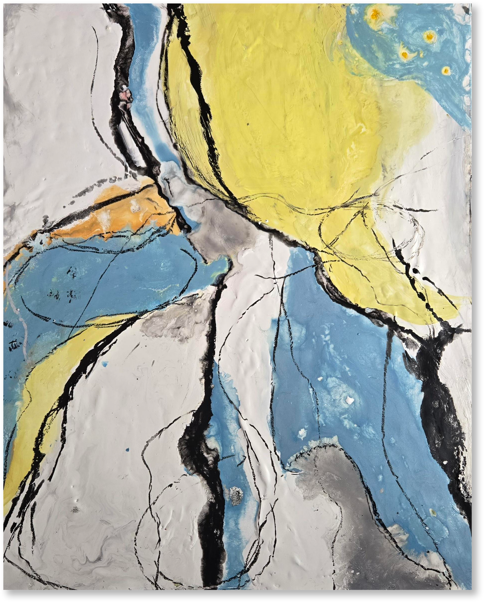 Abstract art piece with yellow, blue, and gray colors