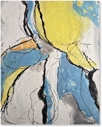 Abstract art piece with yellow, blue, and gray colors