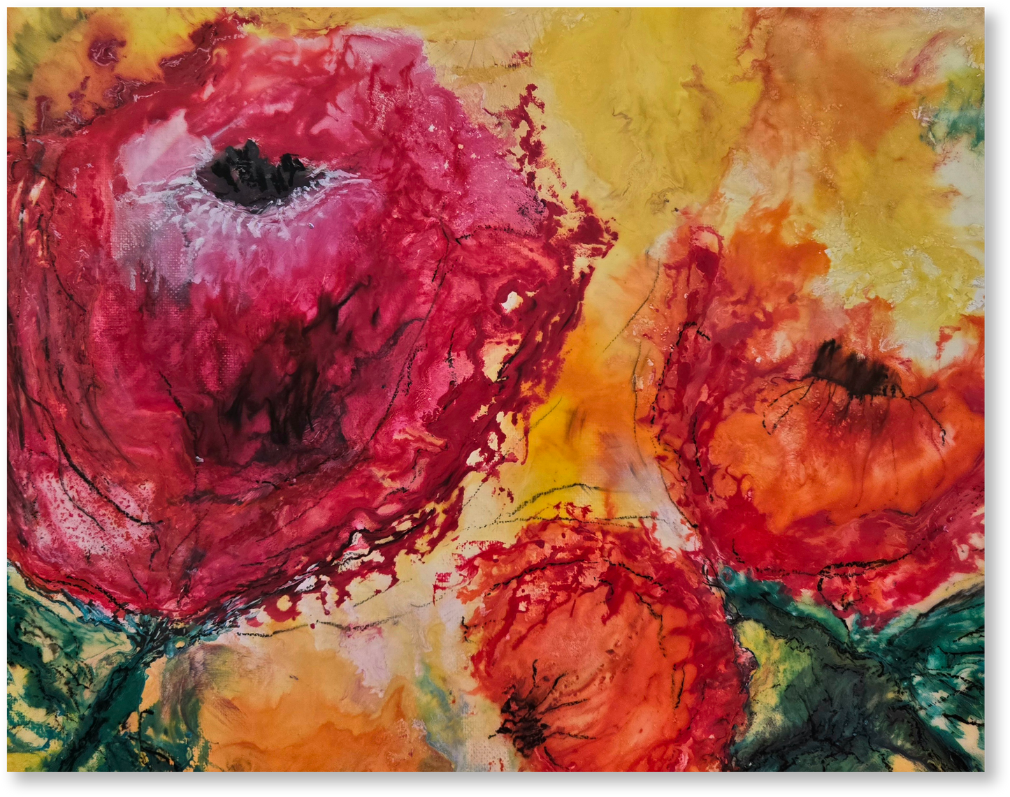 Artistic depiction of flowers with a focus on red and orange colors.
