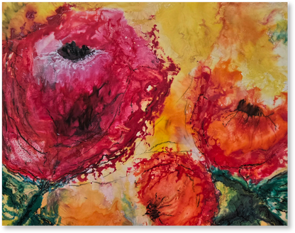 Artistic depiction of flowers with a focus on red and orange colors.