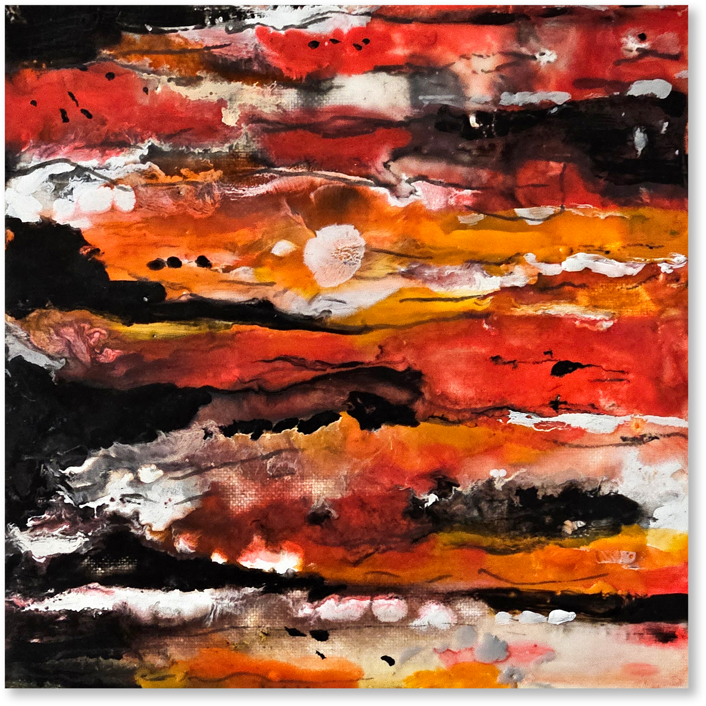 Abstract artwork with a fiery color palette featuring red, orange, black, and white.