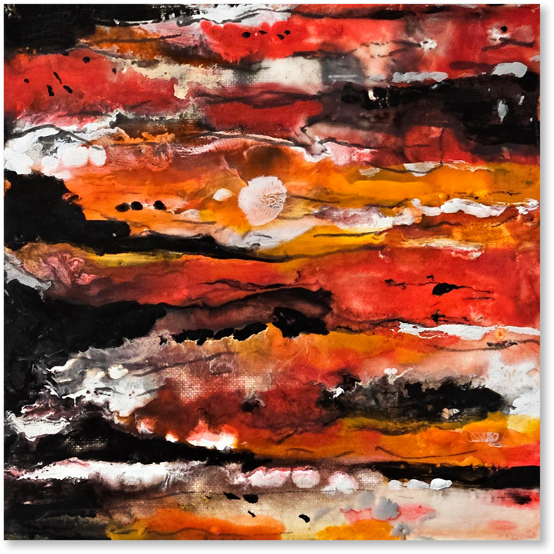 Abstract artwork with a fiery color palette featuring red, orange, black, and white.