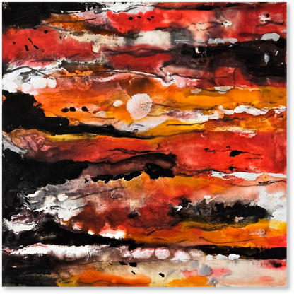 Abstract artwork with a fiery color palette featuring red, orange, black, and white.