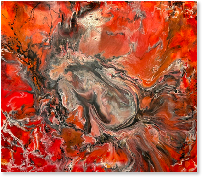 Abstract art with swirling red, orange, and gray colors on a white background