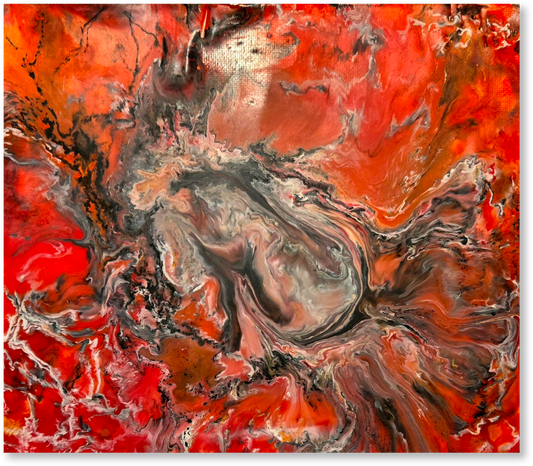Abstract art with swirling red, orange, and gray colors on a white background