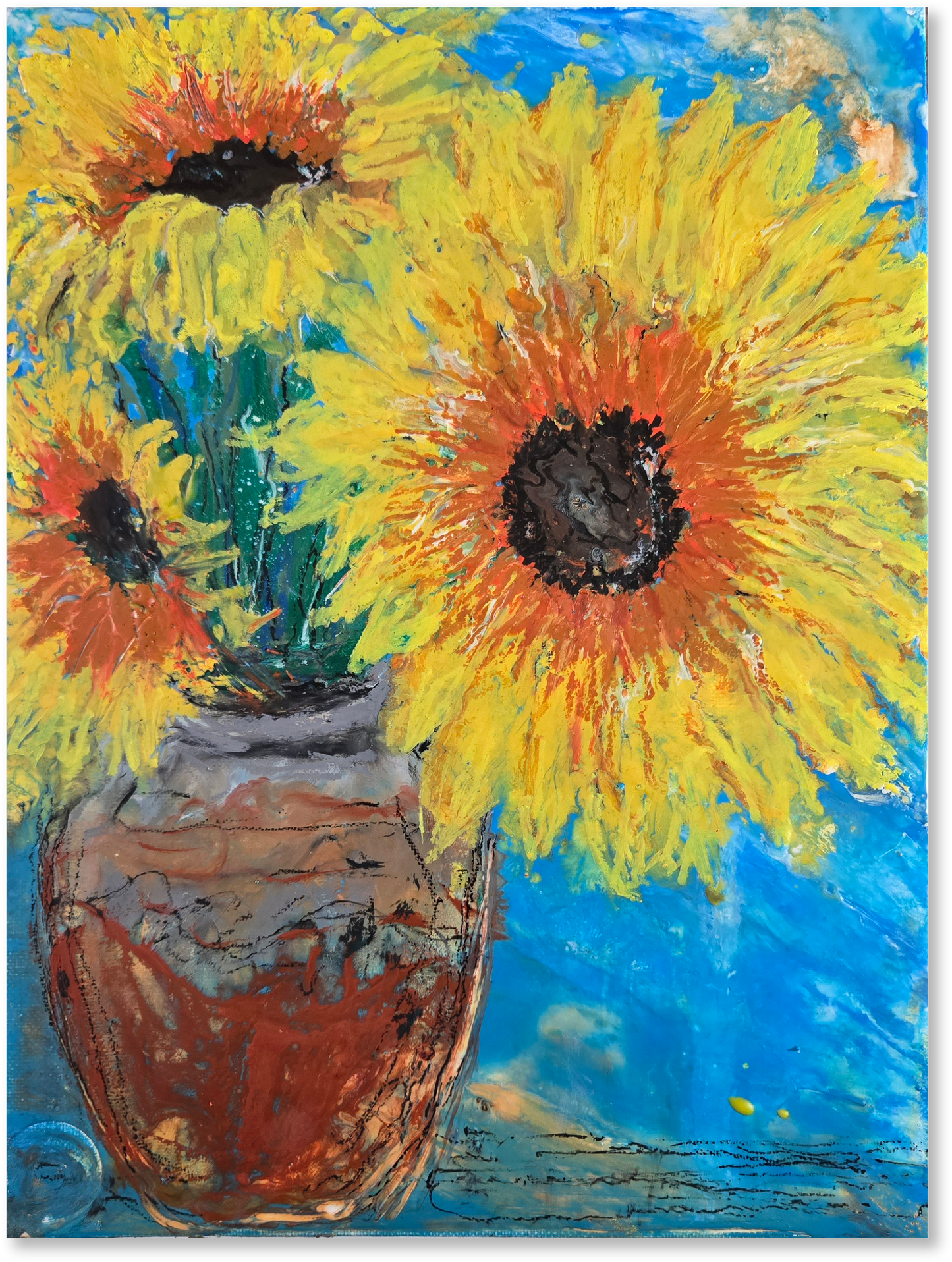 Painting of sunflowers in a vase against a blue background