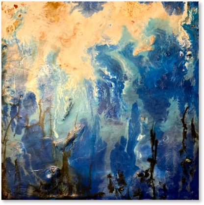 Abstract artwork with blue and orange hues