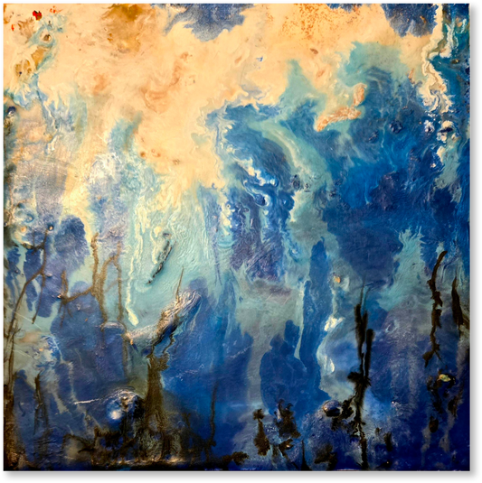 Abstract artwork with blue and orange hues