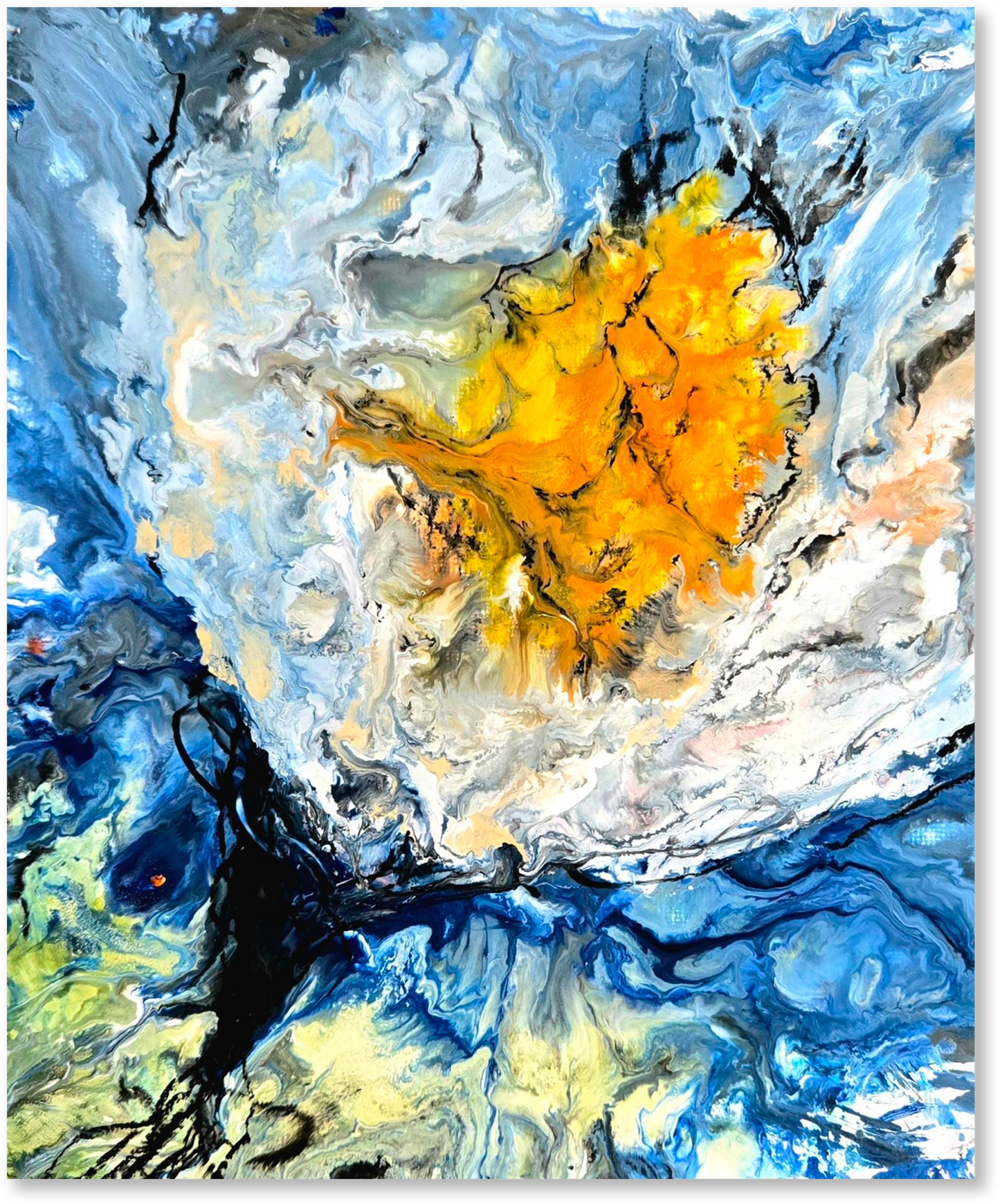 Abstract painting with a central orange cluster surrounded by blue and white