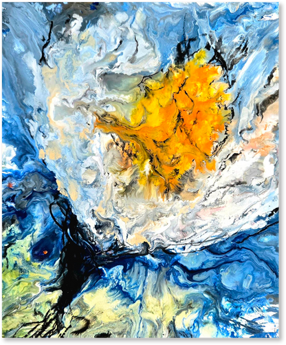 Abstract painting with a central orange cluster surrounded by blue and white