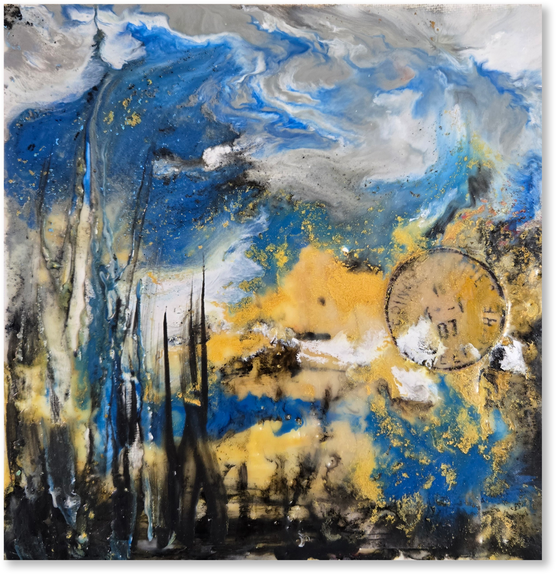 Abstract artwork with blue, yellow, and gray colors