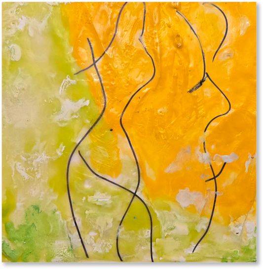 Abstract art with wavy black lines on a yellow and green background