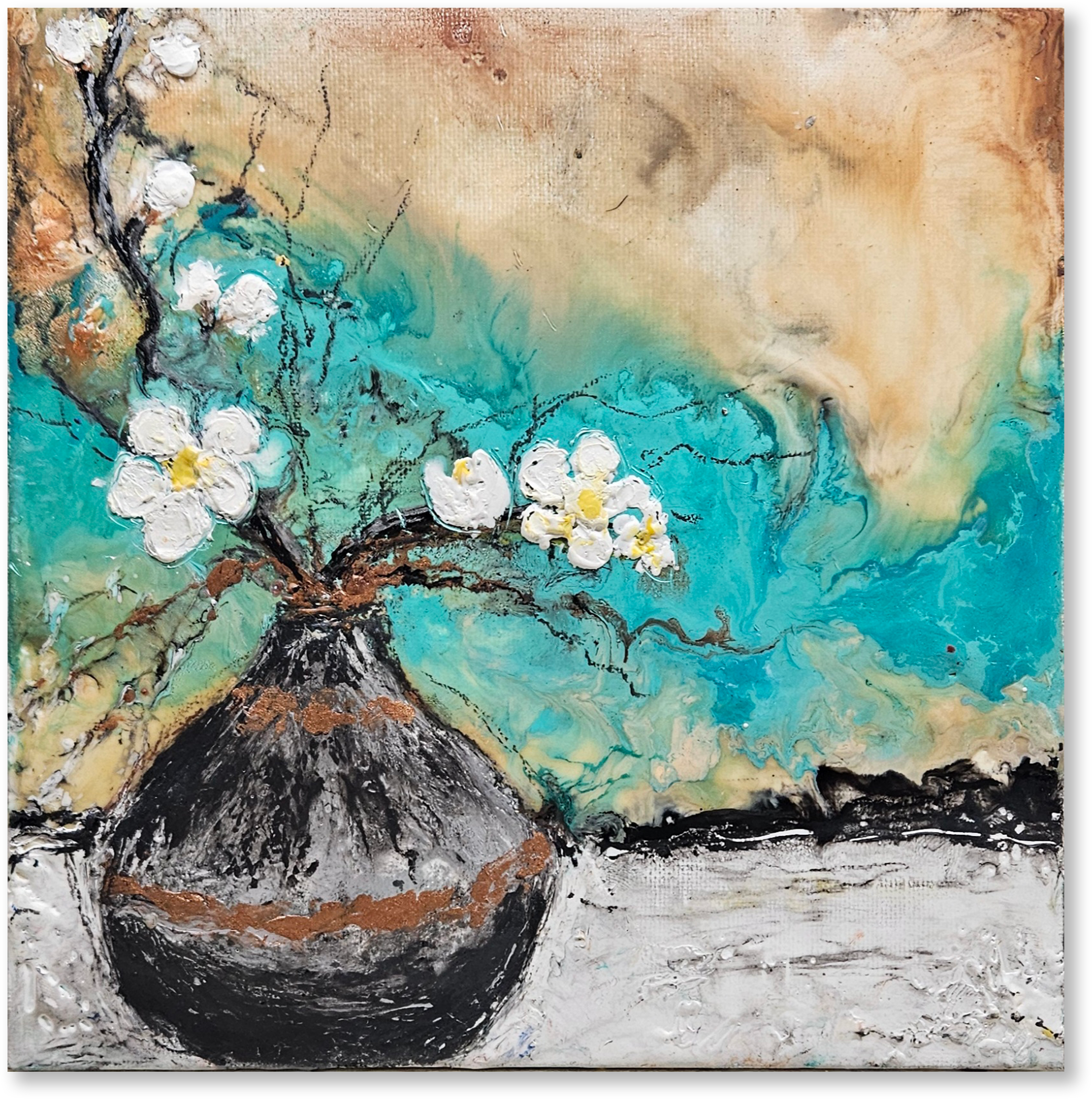 Abstract painting of a vase with flowers against a textured background