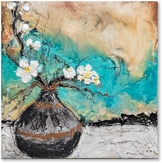 Abstract painting of a vase with flowers against a textured background