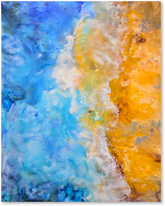 Abstract art with blue, orange, and white colors
