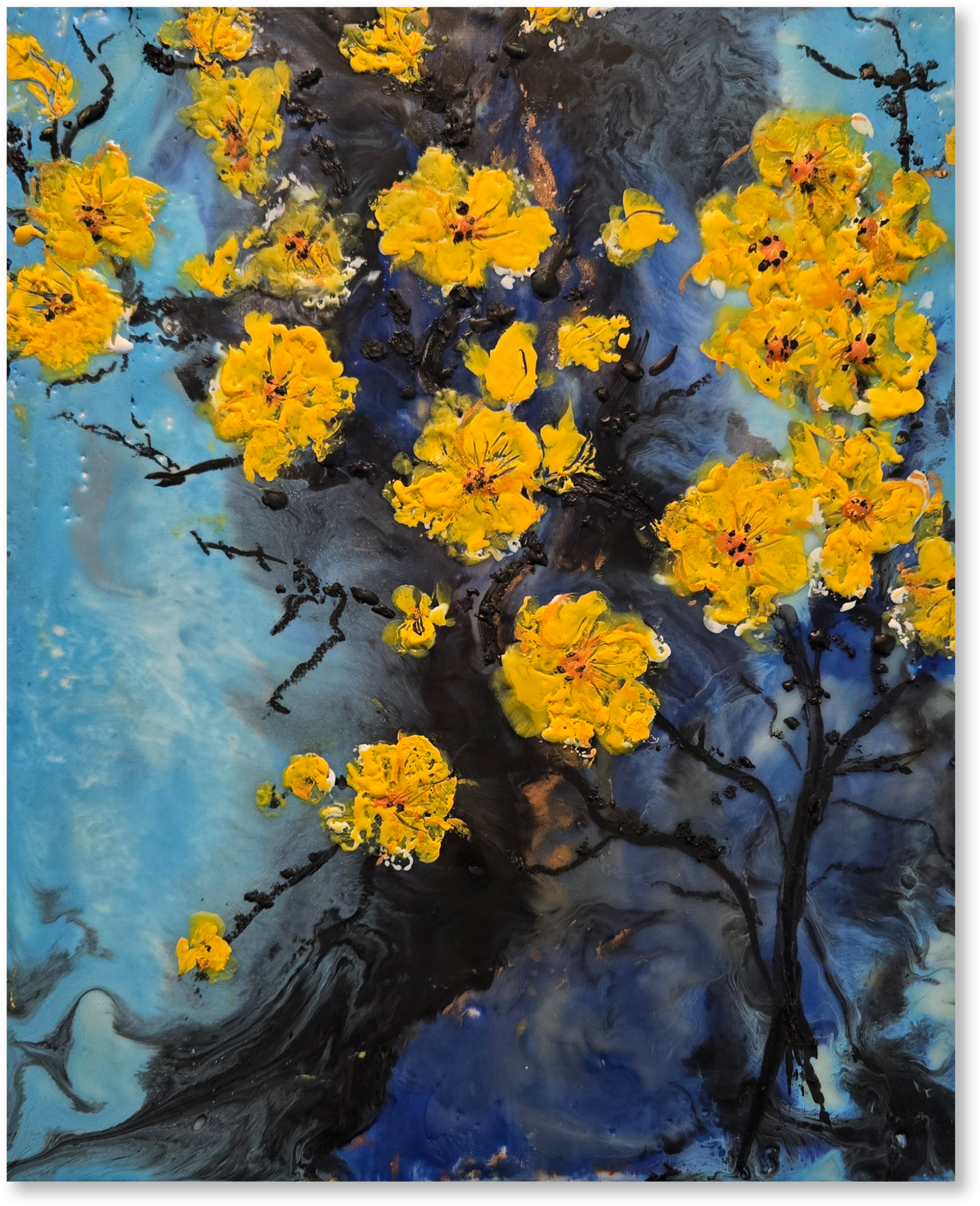Artistic depiction of yellow flowers on a blue and black background