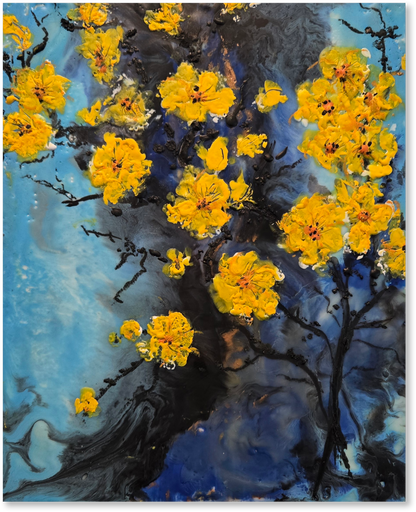 Artistic depiction of yellow flowers on a blue and black background
