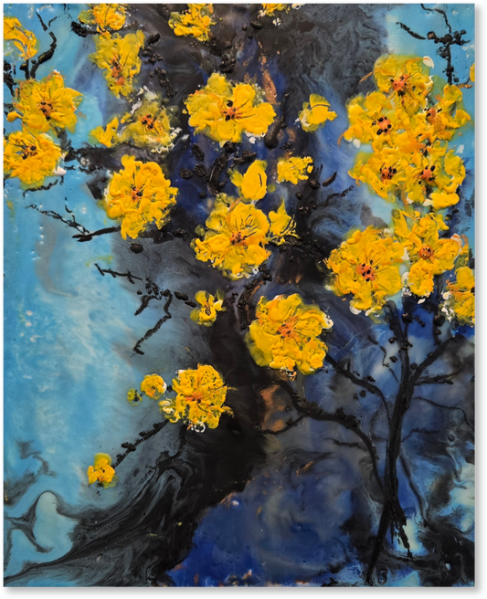 Artistic depiction of yellow flowers on a blue and black background