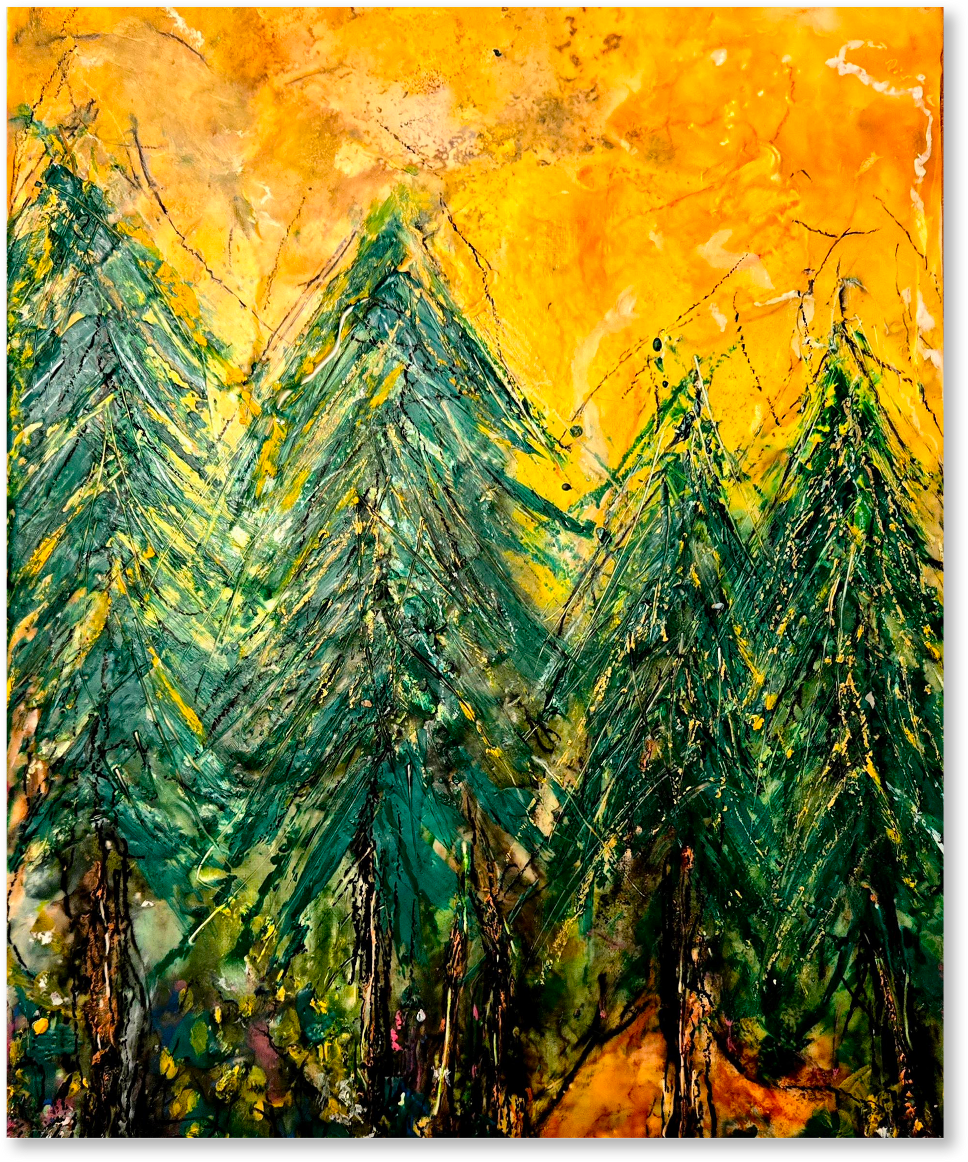 Abstract painting of trees with a warm yellow background