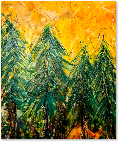 Abstract painting of trees with a warm yellow background