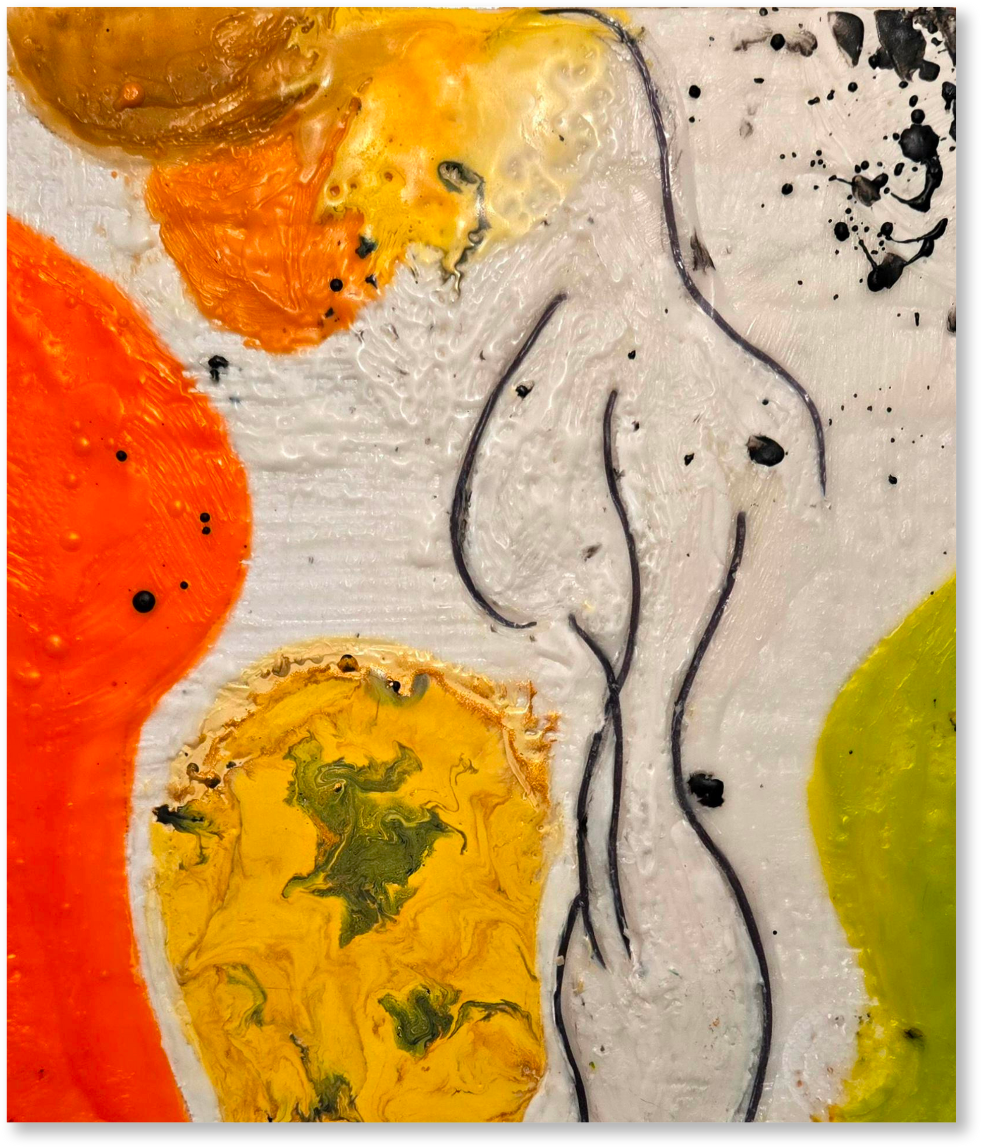Abstract art piece with a silhouette of a woman against colorful abstract shapes.