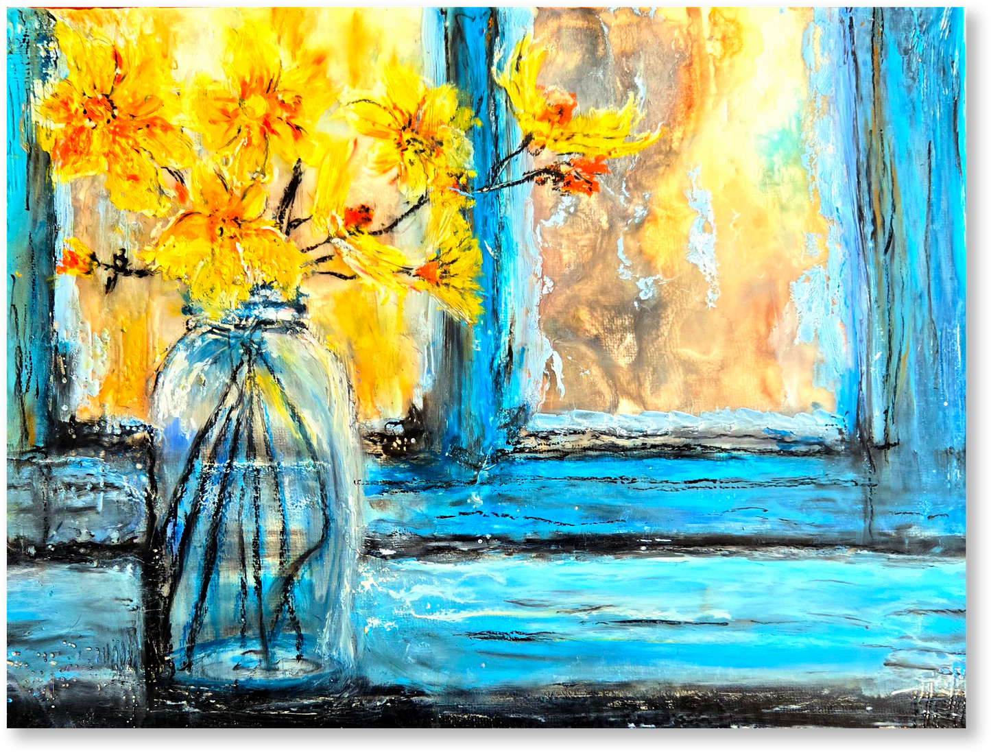 Abstract painting of yellow flowers in a glass bottle with a blue background