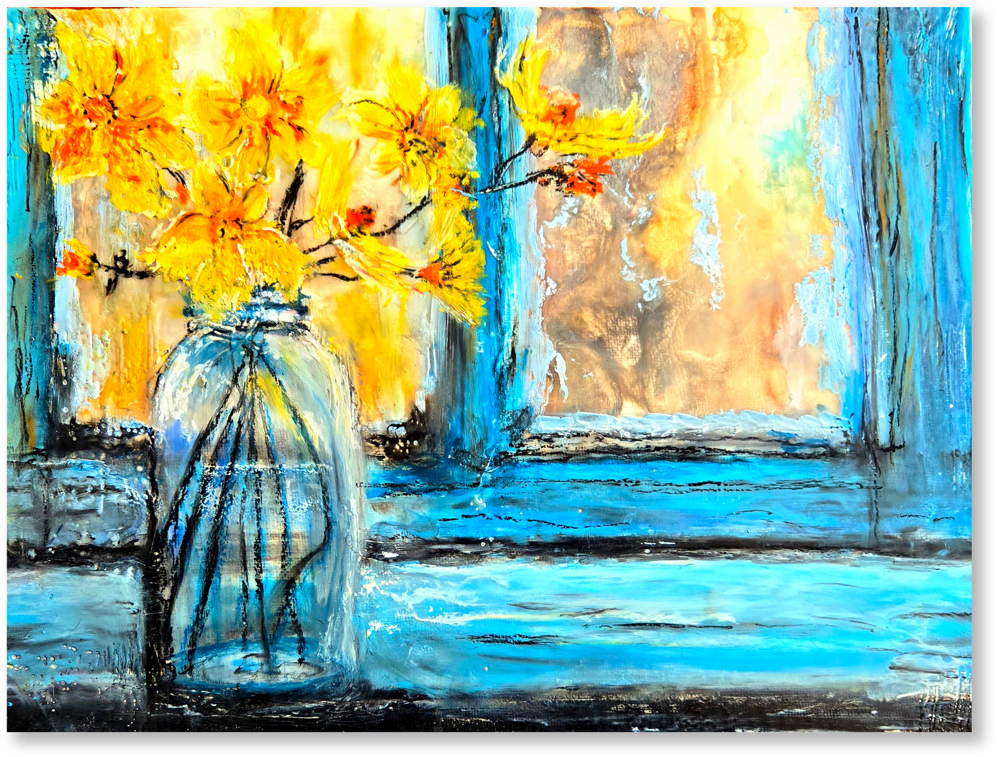 Abstract painting of yellow flowers in a glass bottle with a blue background