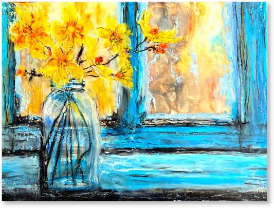 Abstract painting of yellow flowers in a glass bottle with a blue background