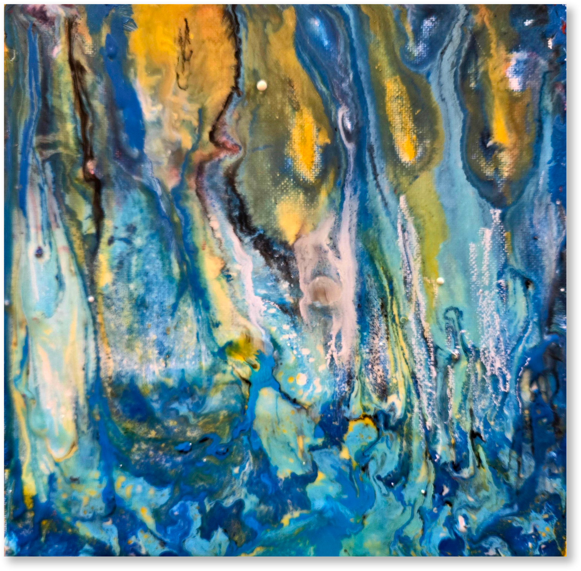 Abstract artwork with swirling blue, yellow, and green colors on a white background