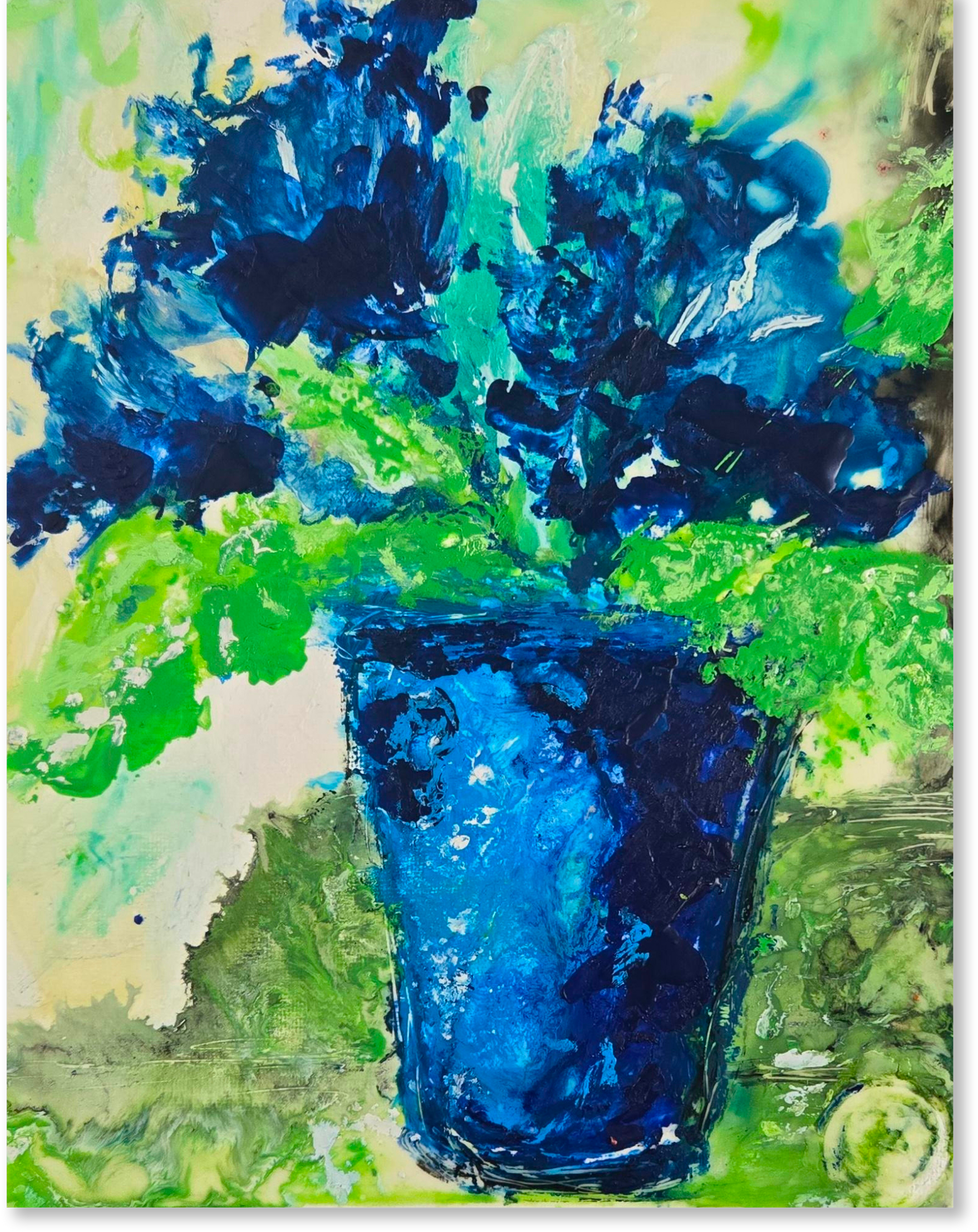 Artistic depiction of a blue vase with green leaves on a textured background