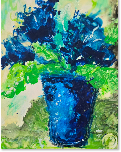 Artistic depiction of a blue vase with green leaves on a textured background