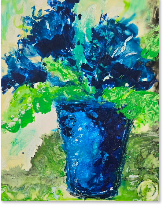 Artistic depiction of a blue vase with green leaves on a textured background
