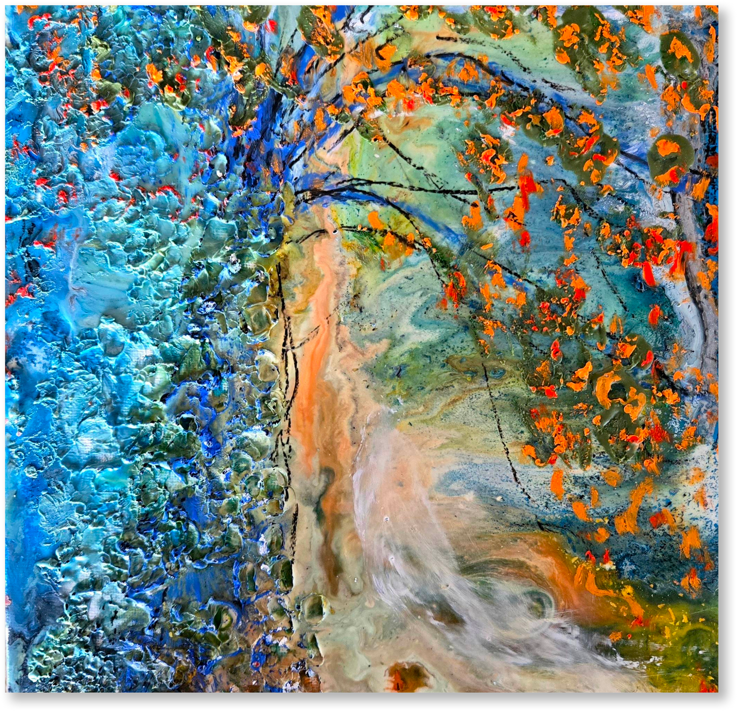Abstract artwork with swirling colors and textures