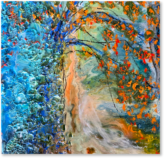 Abstract artwork with swirling colors and textures