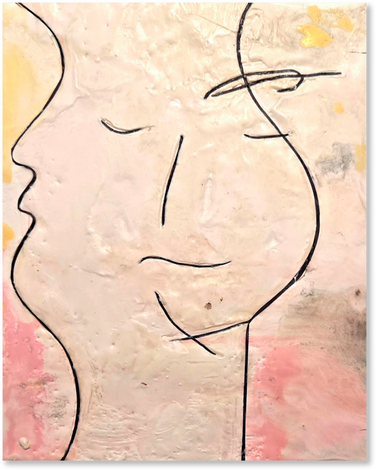 Abstract art with two profile faces on a textured background