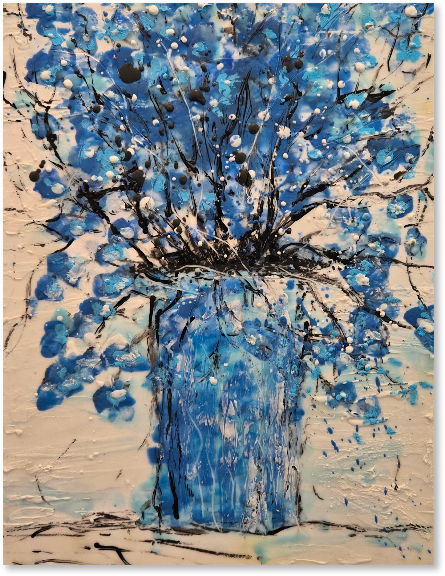 Abstract painting of blue flowers in a vase on a textured beige background