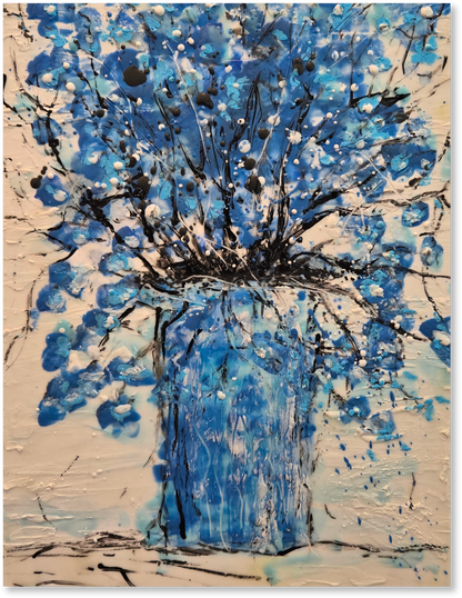 Abstract painting of blue flowers in a vase on a textured beige background