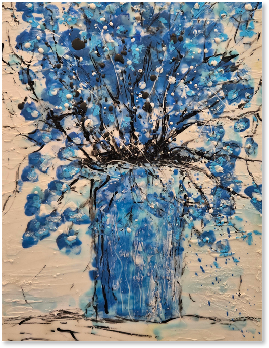 Abstract painting of blue flowers in a vase on a textured beige background