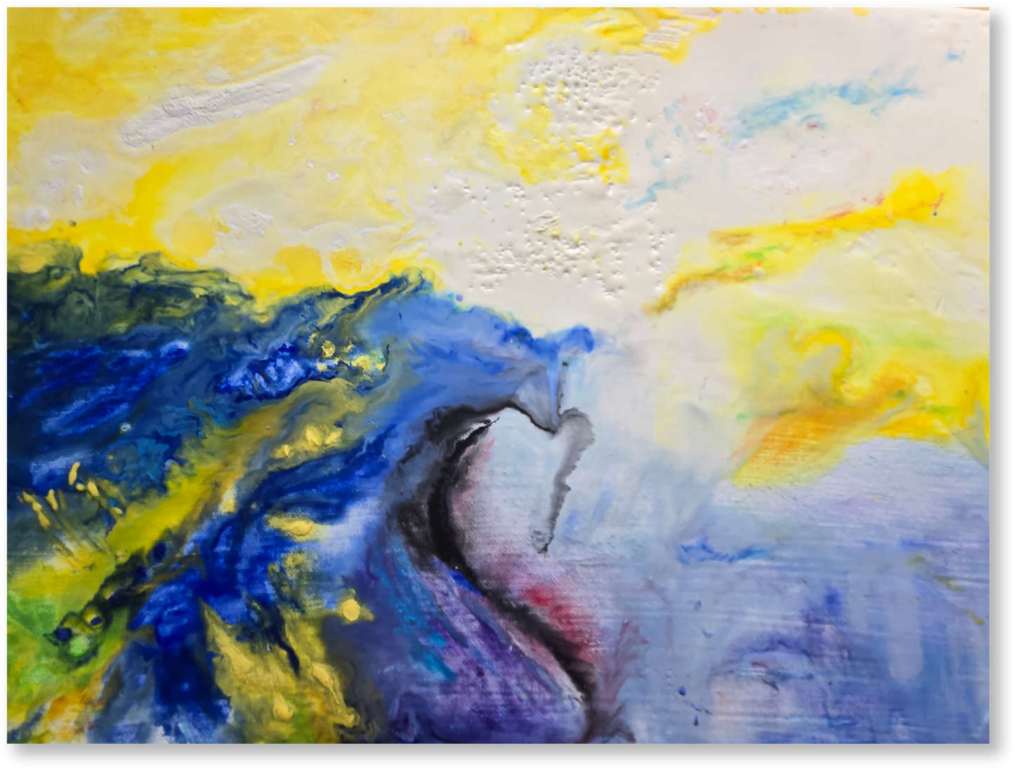 Abstract painting with blue, yellow, and white colors