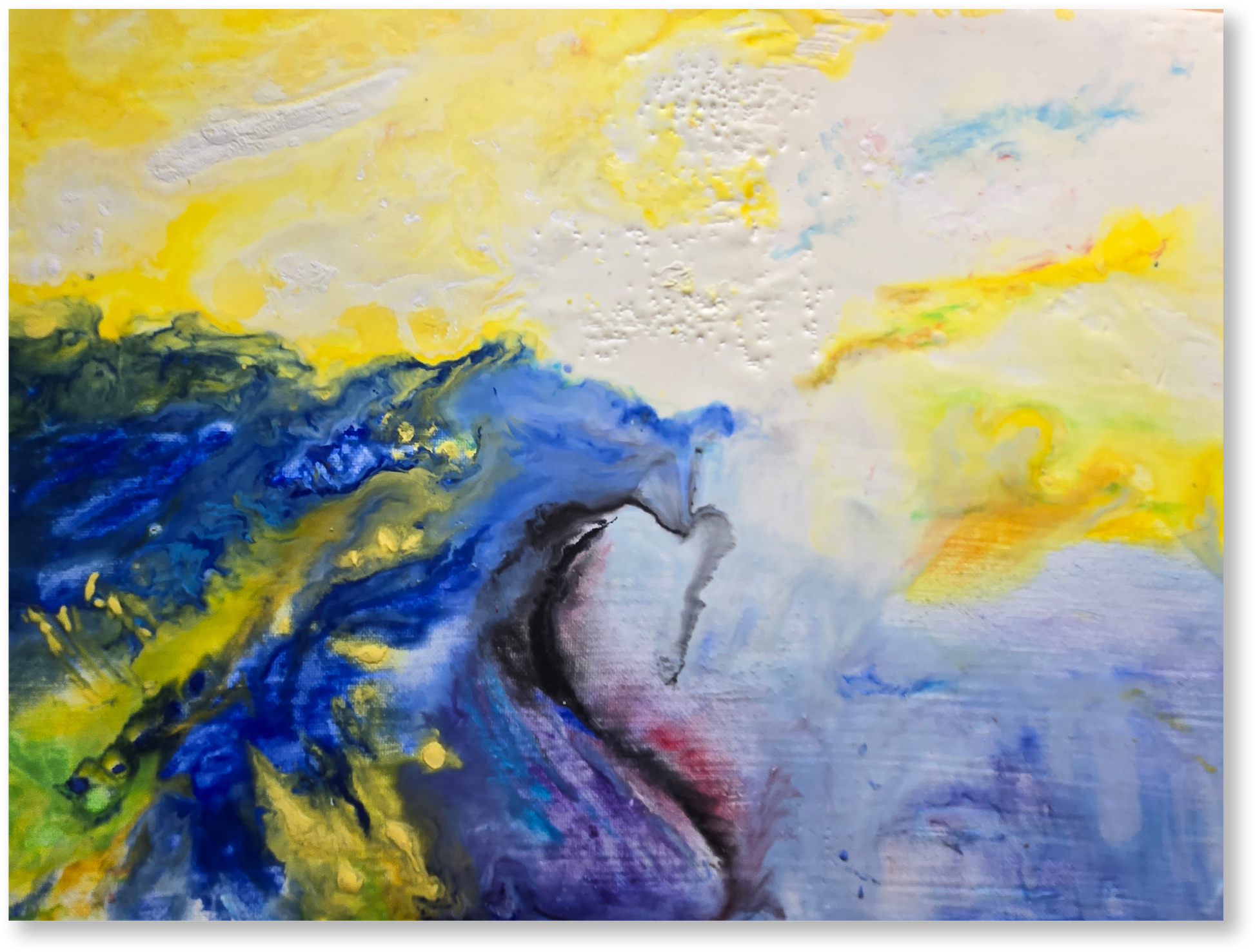 Abstract painting with blue, yellow, and white colors
