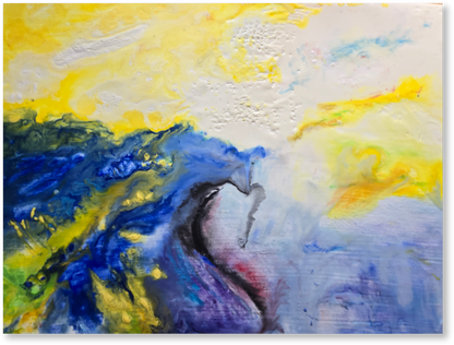 Abstract painting with blue, yellow, and white colors