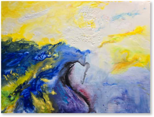 Abstract painting with blue, yellow, and white colors