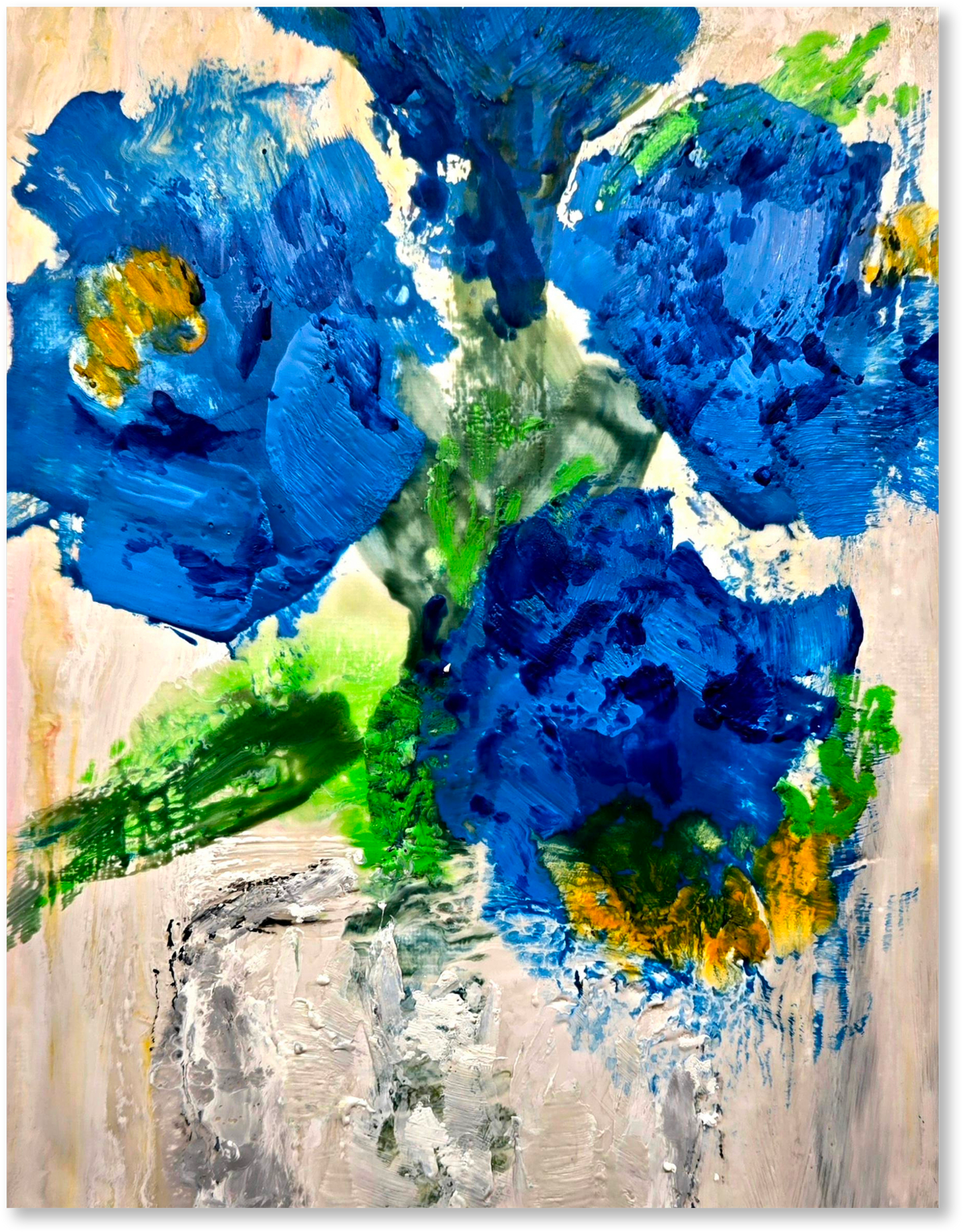 Abstract painting with blue flowers and green leaves on a beige background