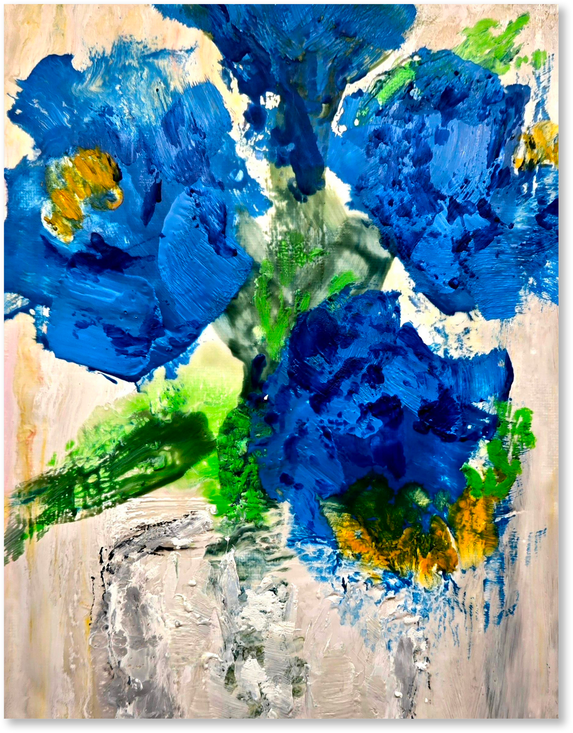 Abstract painting with blue flowers and green leaves on a beige background