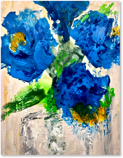Abstract painting with blue flowers and green leaves on a beige background