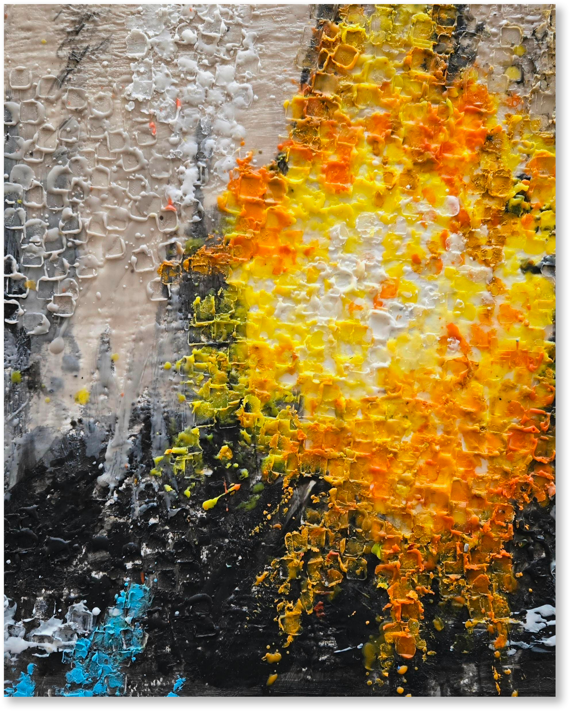 Abstract painting with orange, yellow, and black colors on a textured background