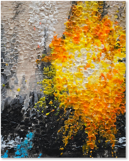 Abstract painting with orange, yellow, and black colors on a textured background