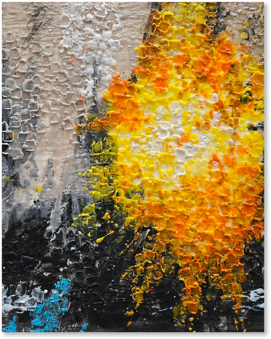 Abstract painting with orange, yellow, and black colors on a textured background